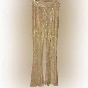 Nasty Gal Gold Sequin Flare Pants Glam Statement Party Dress Up Sz 8